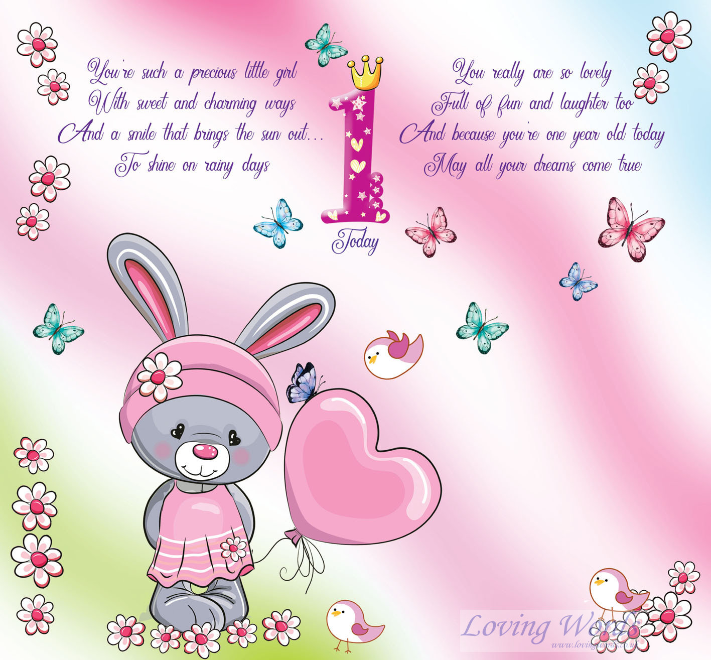 1st Birthday Girl Greeting Cards by Loving Words
